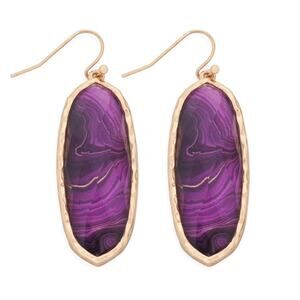 PURPLE Agate Look Oval Large Earrings with Gold Tone Hardware NEW